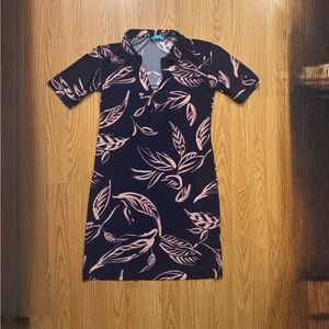 Tori Richard Phoenix Navy and Pink Leaf Print Dress